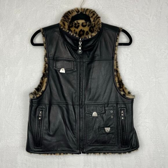 Jamie Sadock Jackets & Blazers - Jamie Sadock Black Leather and Leopard Faux Fur Reversible Zip up Vest Medium